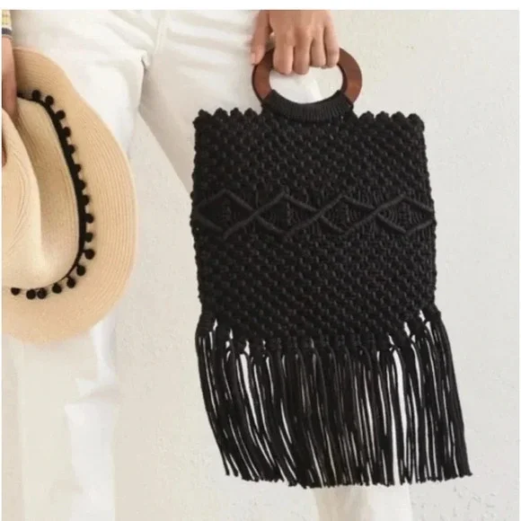 Danielle Nicole Black Macramé Boho Crossbody/Handbag with‎ Fringe. - Picture 6 of 16